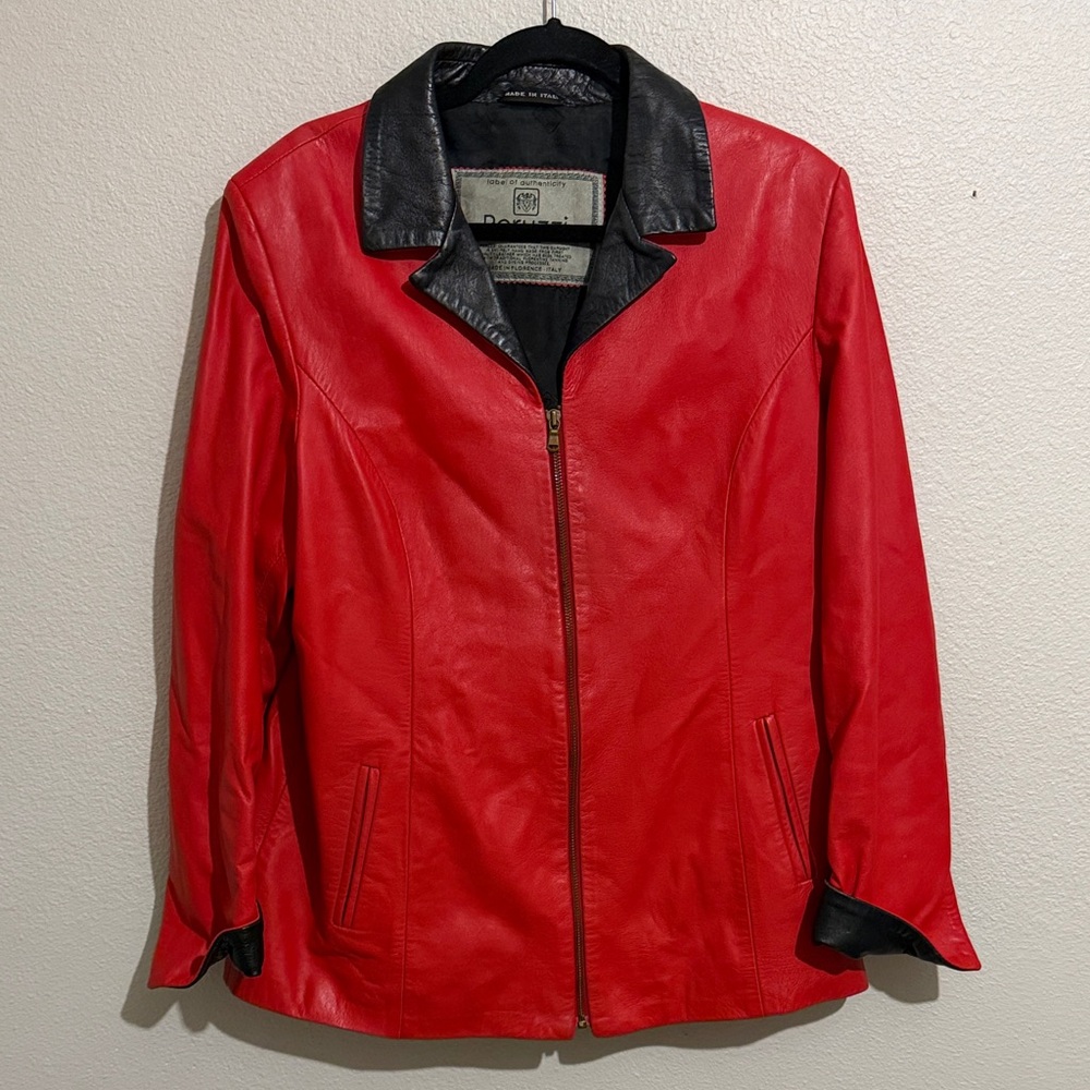 Peruzzi Vintage Red Leather Jacket with Black Collar Full Zip Made in Italy